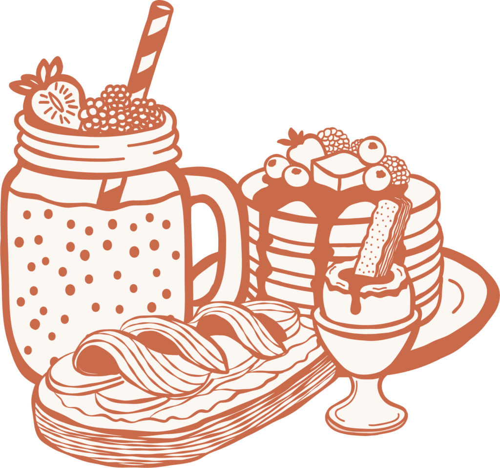 Illustration d'un brunch gourmand avec pancakes, smoothie, tartines et oeufs chez Joséphine Café à Ajaccio